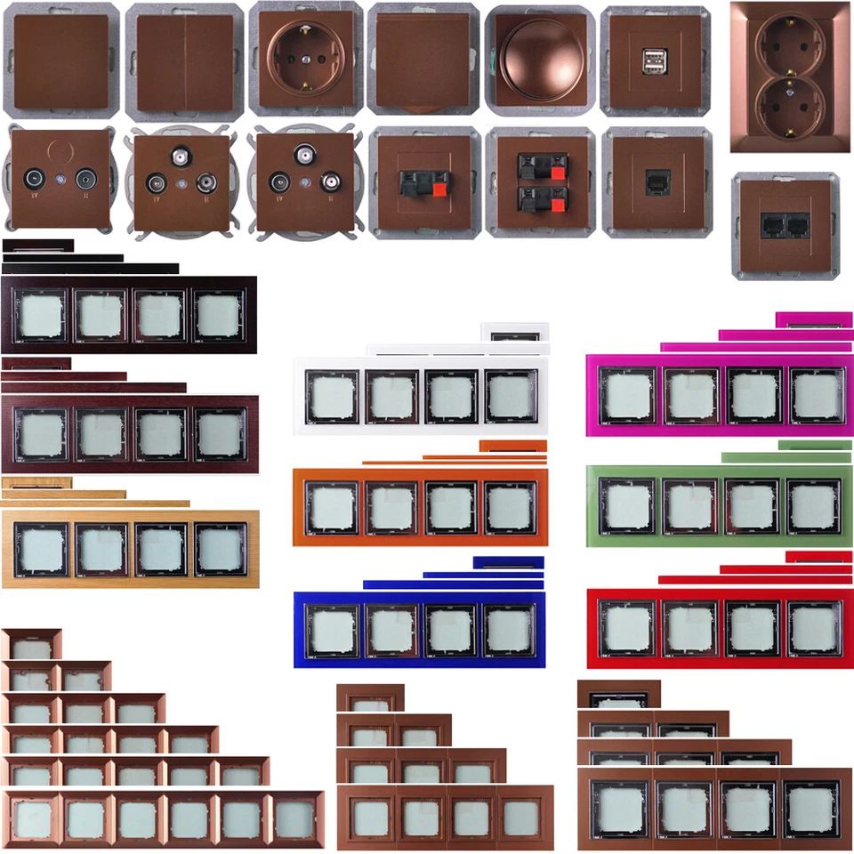 T-E Schuko Steckdose Schalter Kupfer / Kunststoff Glass Holz Rahmen - wählbar