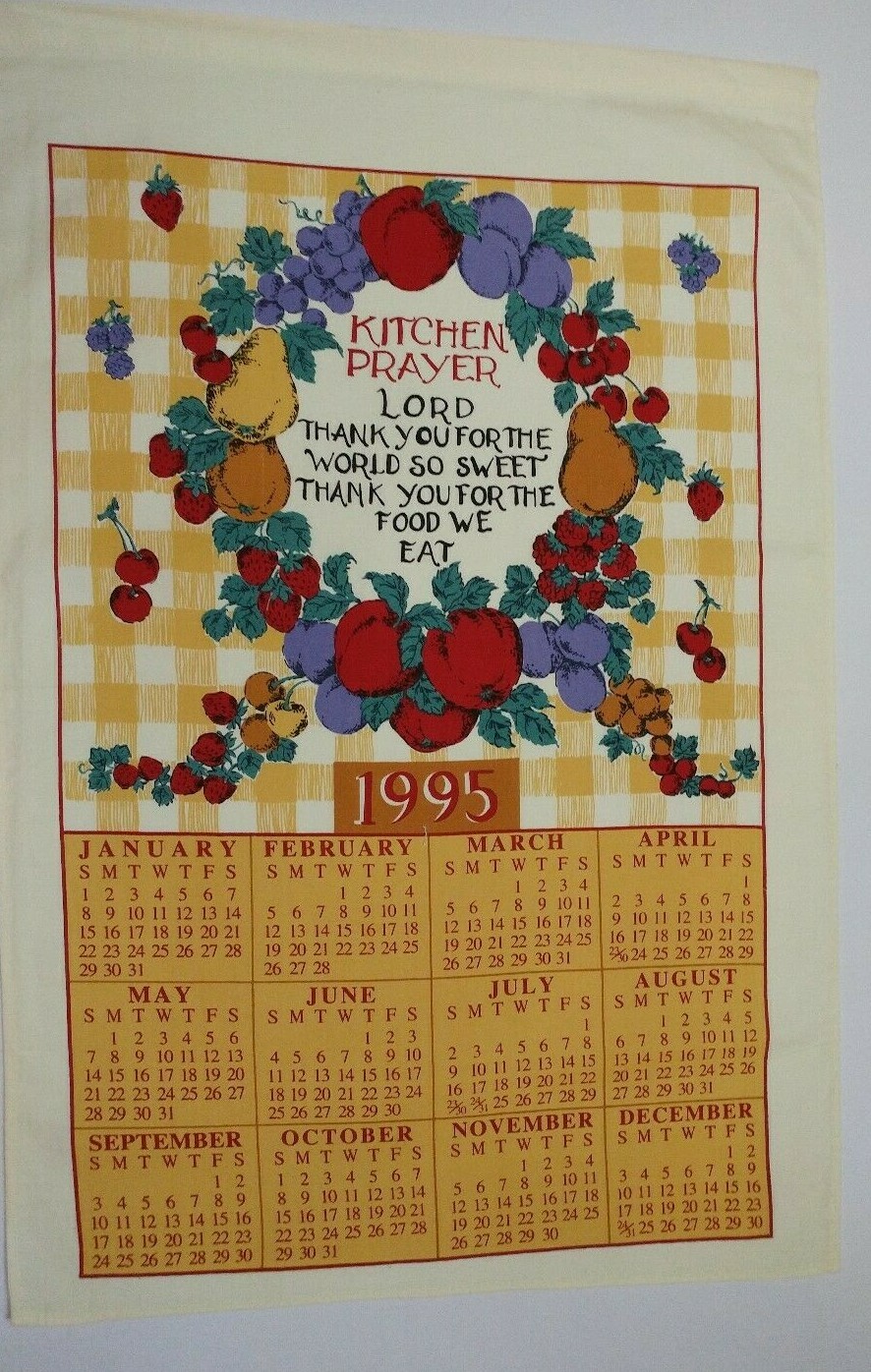 Vintage 1995 Cotton Fabric Kitchen Prayer Tea Towel Wall Calendar fruit  yellow | eBay