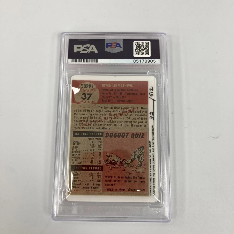 1953 Topps Eddie Mathews "59 Home Runs" cartão de beisebol de porcelana assinado PSA DNA - Imagem 2 de 2