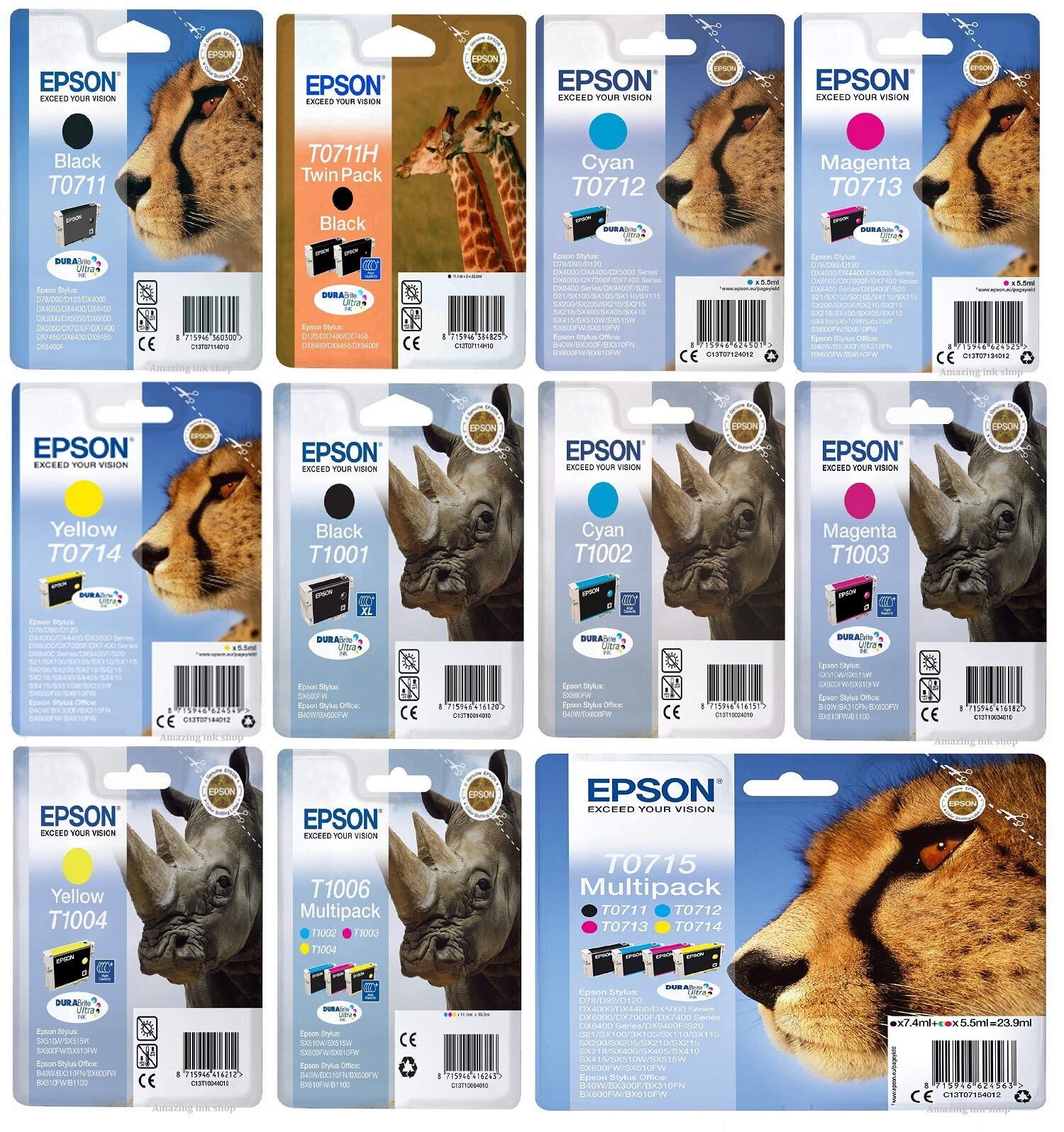 Original Epson Cheetah Ink Cartridges, T0711, T0712, T0713, T0714