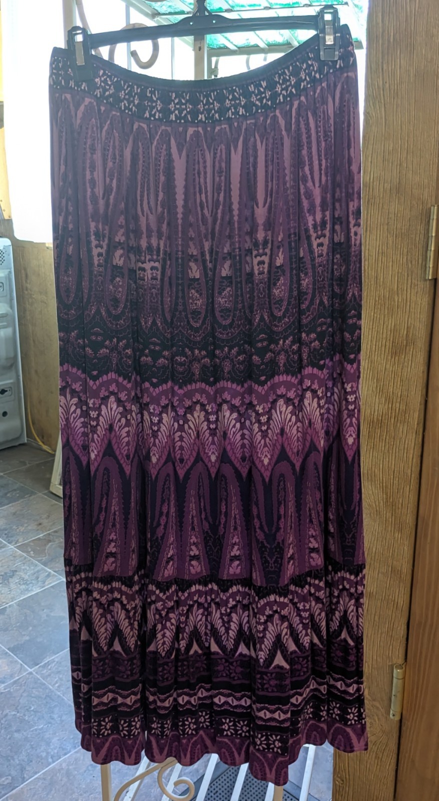 St John's Bay Petite PS Purple Black Paisley Long A-Line Skirt Pull On Stretch