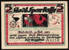 Notgeld Bielefeld 1921, 5 Mark, Satirische Darstellungen mit Pferd und Industri 