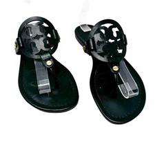 TORY BURCH Perfect Black Matte Leather Miller Logo Sandals Size 7.5