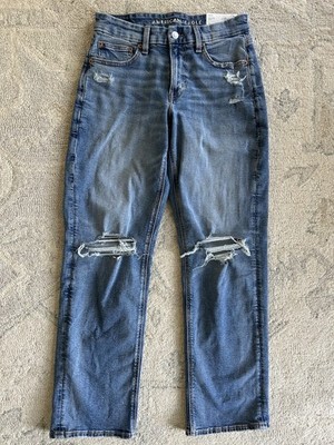 American Eagle Curvy Straight Jeans Womens 6 Denim Distressed Stretch High Rise