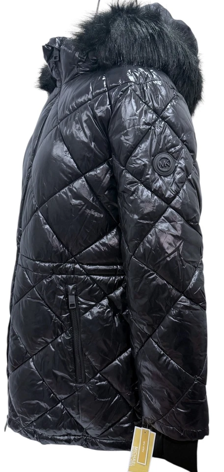 Michael Kors Quilted Puffer Jacket Black Faux Fur Hood Logo Trim Women’s L NWT - Image 4 of 4