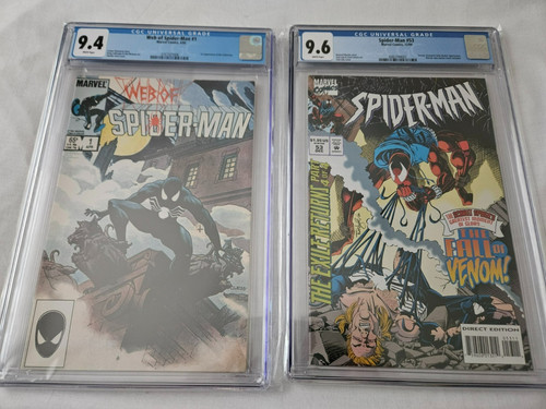 WEB OF SPIDER-MAN #1 CGC 9.4 1985 & #53 CGC 9.6 1994 VENOM BOTH WHITE PGS