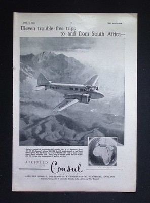 Original 1948 Reklame Airspeed Consul Flugzeug Südafrika Flüge