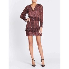 Rebecca Taylor Silk Metallic Snake Print Dress Small Pink Ruffle Smocked Glam