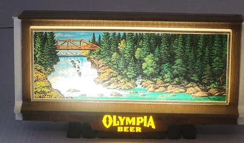 Vtg Working NOS OLYMPIA BEER Lighted Motion Waterfall Sign Cash Register Topper