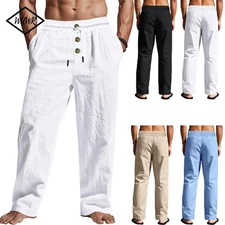 Men's Cotton Linen Casual Pants Drawstring Trousers Comfort Loose Wide Leg Pant