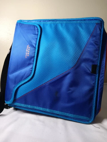 Mead 3" Five Star Trapper Keeper 3 Ring Binder BLUE w Orange Trim Shoulder Strap