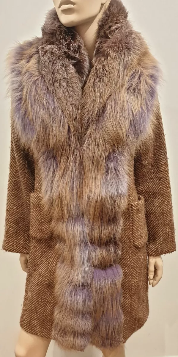 ERMANNO SCERVINO Beige & Brown Patterned Purple & Beige Fox Fur Trim Coat 40 UK8