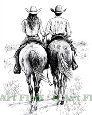 B&W Sketch Western Couple Riding Horses AI Digital Print 8x10 Museum Paper T60