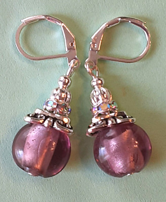 Foil LAMPWORK PLUM & AB CRYSTAL earring SP LEVERBACK handcrafted XLW