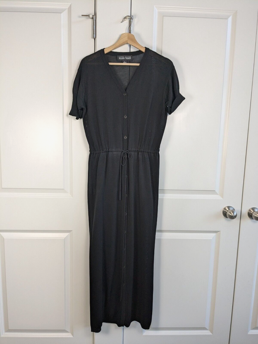 Linda Allard Ellen Tracy Dress L Black Button Front Tie Waist Knitted Maxi  Dress