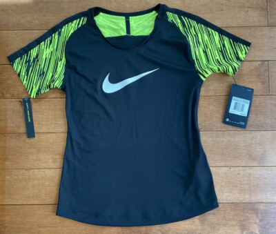 Nike Dry Fit T-Shirt Girls XS Black Neon Yellow Short Sleeve