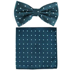 New Brand Q Men's  Pre-tied Bow Tie & hankie blue white polka dots party formal 