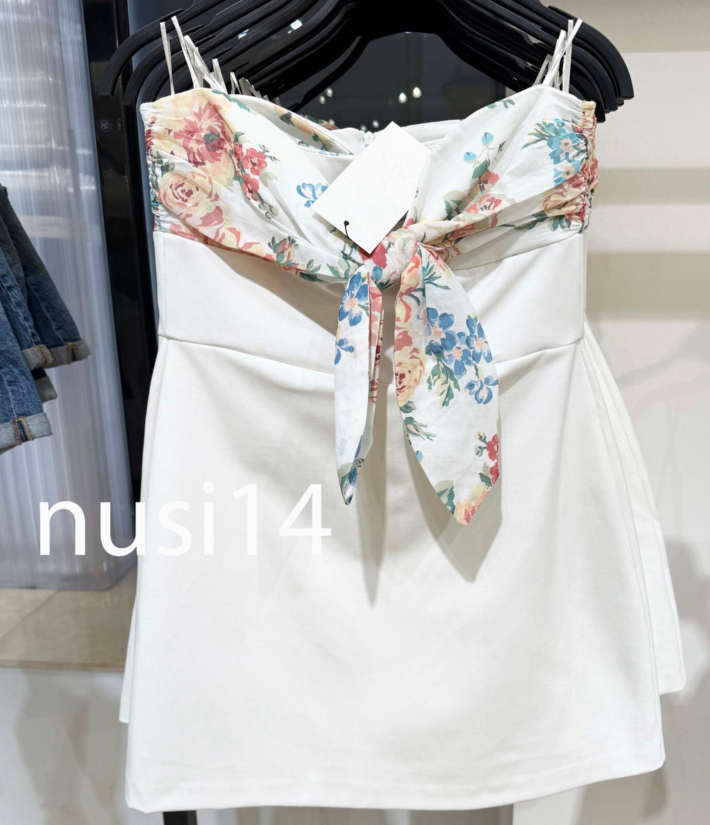 ZARA NEW WOMAN OFF-SHOULDER PRINTED SCARF SHORT DRESS WHITE