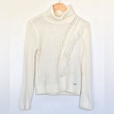 DKNY Ivory Fringe Knit Ribbed Turtleneck Sweater Top, Size Medium.