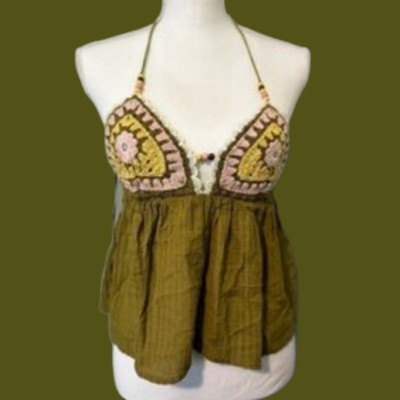 NWT ZARA Contrasting Crochet V-Neck Cotton/Modal Top Khaki Green 7200/121 Sz XL