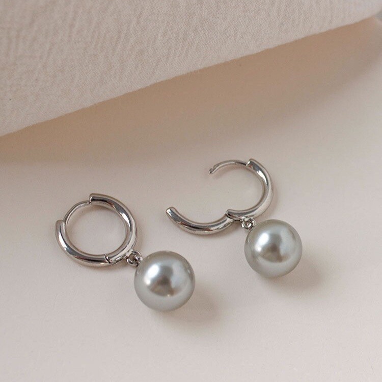 14mm Surgical Steel Shell Pearls Gray Earrings Hoop Hypoallergenic
