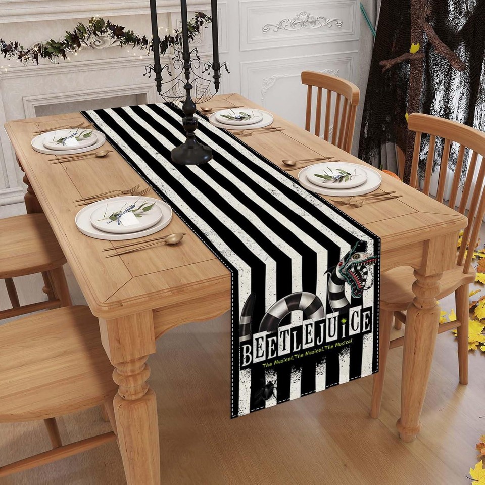 Linen Black And White Stripe Beetlejuice Halloween Table Runner 72