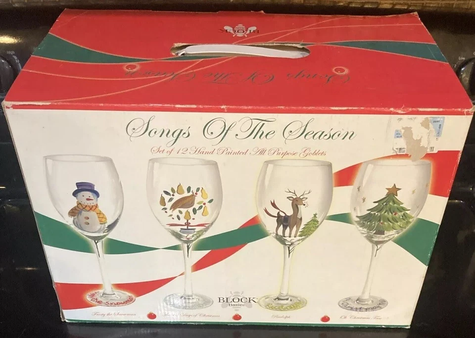 Block Basics 季节歌曲手绘葡萄酒高脚杯眼镜套装 12,带盒 — 第 2/4 张图片