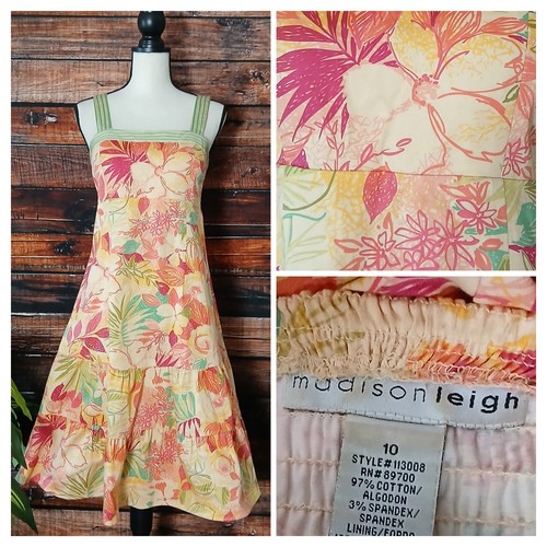 Madison Leigh Dress 10 Tiered Smocked Tropical Floral Padded Adjustable Straps - Picture 1 of 13