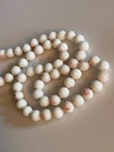 Vtg Faux Angel Skin Coral Necklace 25" Hand-Knotted Milk Glass Beads w/ Pink