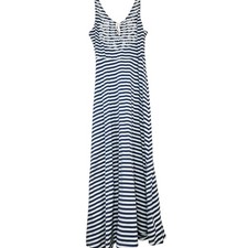 Chaps Sz Medium Blue White Lace-up Stripe Sleeveless Midi Dress Cotton Nautical