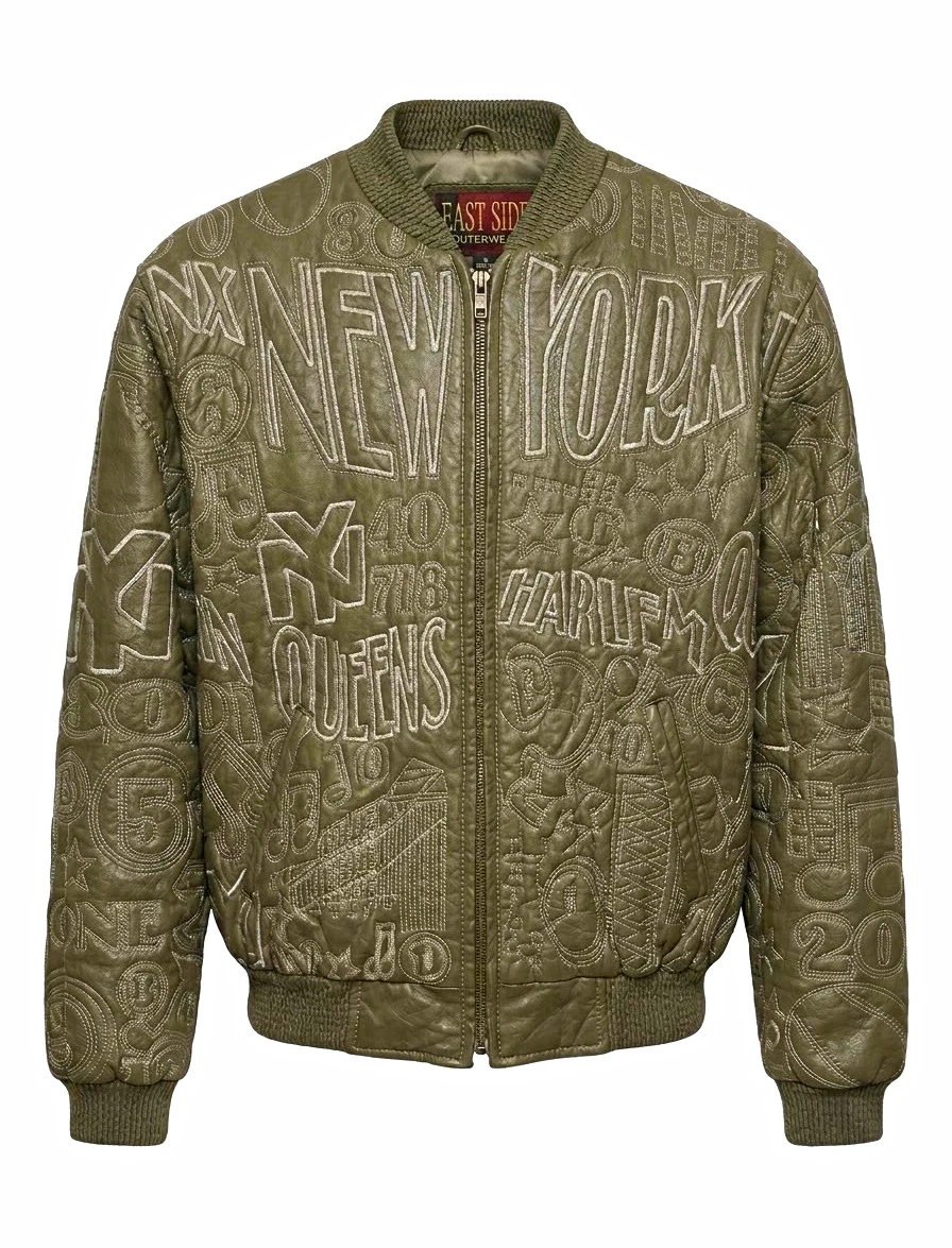 East Side Outerwear Men's Green Leather Bomber Jacket Full Zip Embroidered XL - product detail image 1
