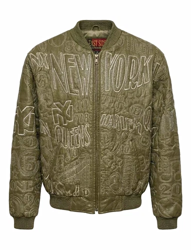 East Side Outerwear Men's Green Leather Bomber Jacket Full Zip Embroidered XL - product listing photo