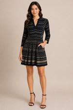 Anthropologie Holding Horses Farica Chevron Dress XS Navy 3/4 Sleeve V-Neck Boho