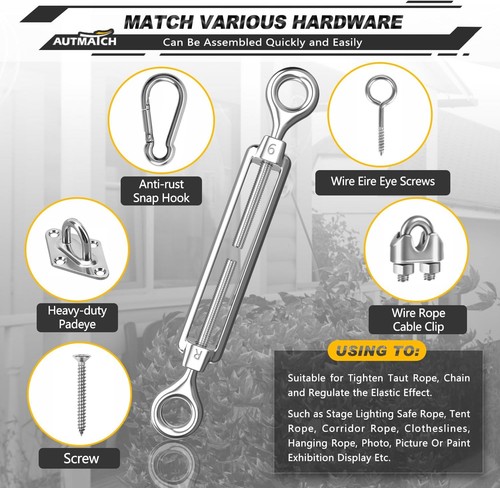 Heavy Duty Silver Turnbuckle Kit, 304 Stainless Steel - Afbeelding 9 van 9