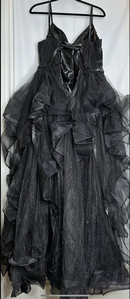 VESTIDO DE TUL NEGRO BRILLO TIRANTES ESPAGUETI BAILE NOCHE DAMAS DE HONOR/PROMOCIÓN TALLA 14 Foto 3 de 4