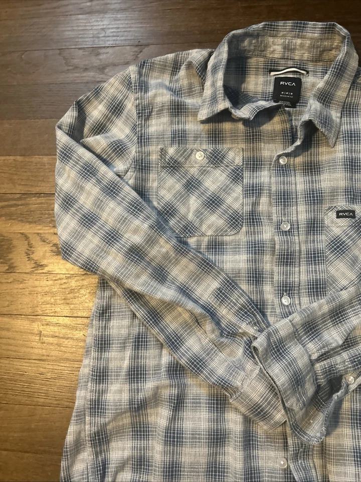 Camisa RVCA Para Hombres Mediana Azul Gris Franela a Cuadros Buttondown Manga Larga Cuello Foto 3 de 4