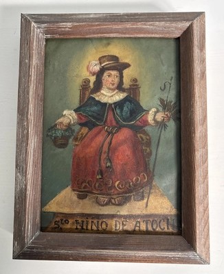 19th Century Retablo Religious Mexican Oil on Tin Painting Holy Child of Atocha
