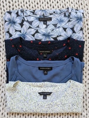 EUC Banana Republic Women XL Tops Short Sleeve Blouse Lot of 4 Blue Navy White