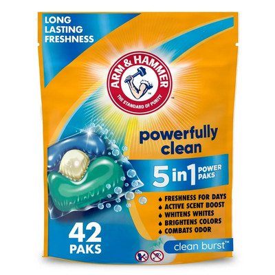ARM & HAMMER Clean Burst 5-in-1 Laundry Detergent Power Paks, 42 Count