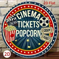 Vintage Cinema Ticket Popcorn Round Aluminum Wall Art Movie Decor