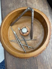 VTG Nut Cracker Set Wooden Log Bark Nut Bowl w/3 HMO Nut Crackers Picks