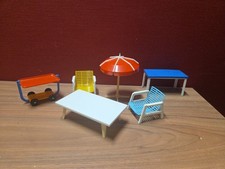 DDR Puppenstube Sonnenschirm Sessel Tisch Servierwagen Puppenhaus #PS003