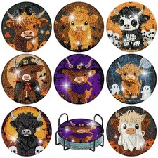 8 Pcs Halloween Diamond Art Coasters Kits, Highland 3.9 Inches 10 cm , Red