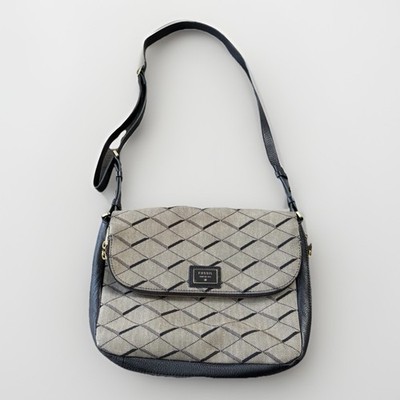 Fossil Preston Diamond Jacquard Flap Crossbody Bag Black Expandable Purse