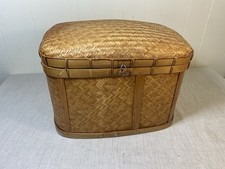 VTG 1970s Domed Rattan Woven Basket lid Brown storage Wicker large rectangular