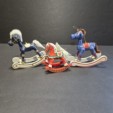 Vtg Christmas Rocking Horse Ornaments 2 Painted Wood, 1 Plastic
