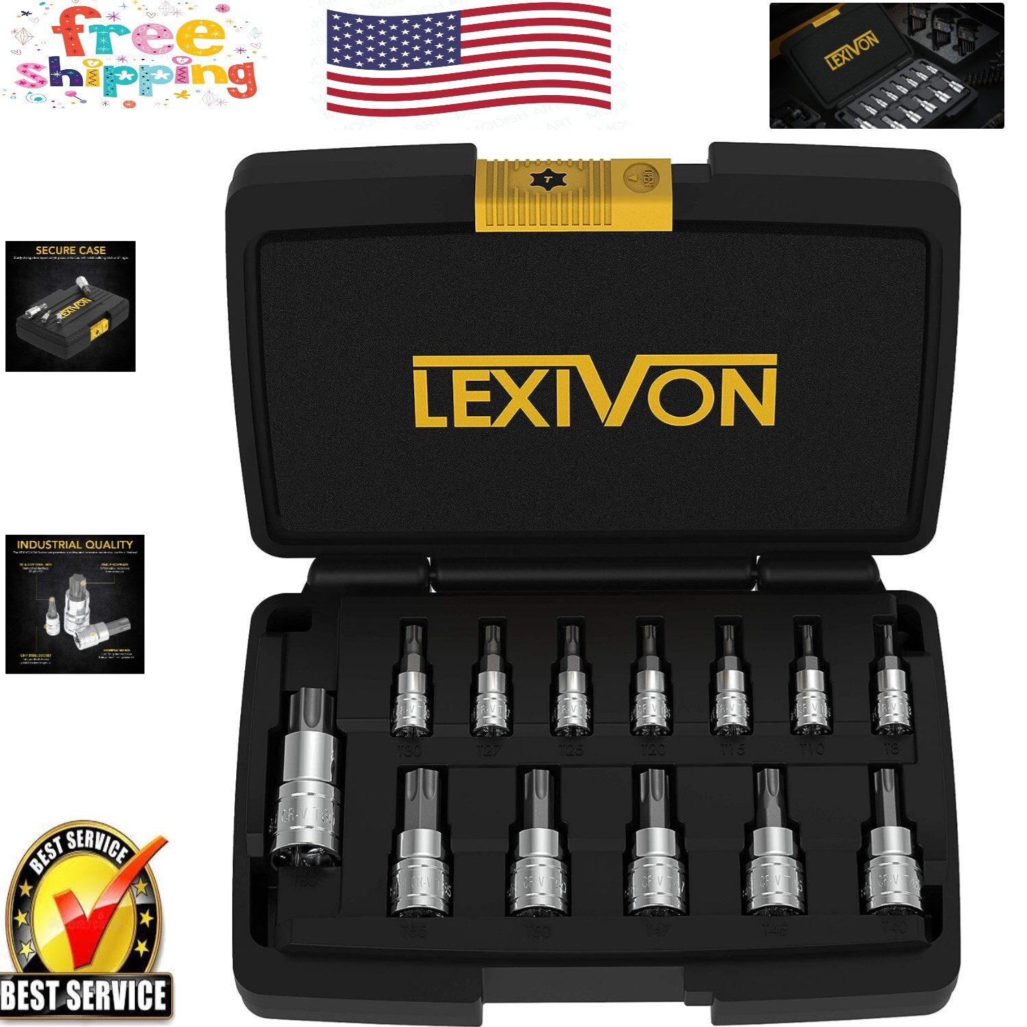 13-Piece Torx Bit Socket Set in Heavy-Duty Case | T8 to T60 | Rust Resistant