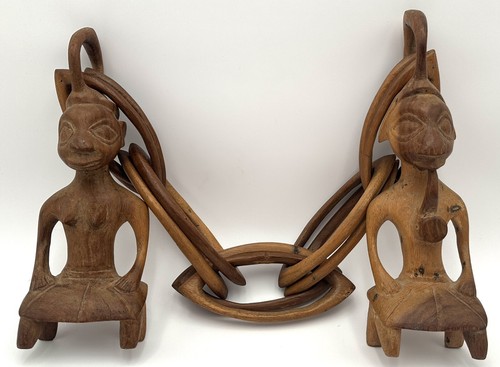 Vintage Africa Carved Wood Marriage Wedding Man Woman Fertility Double Chain