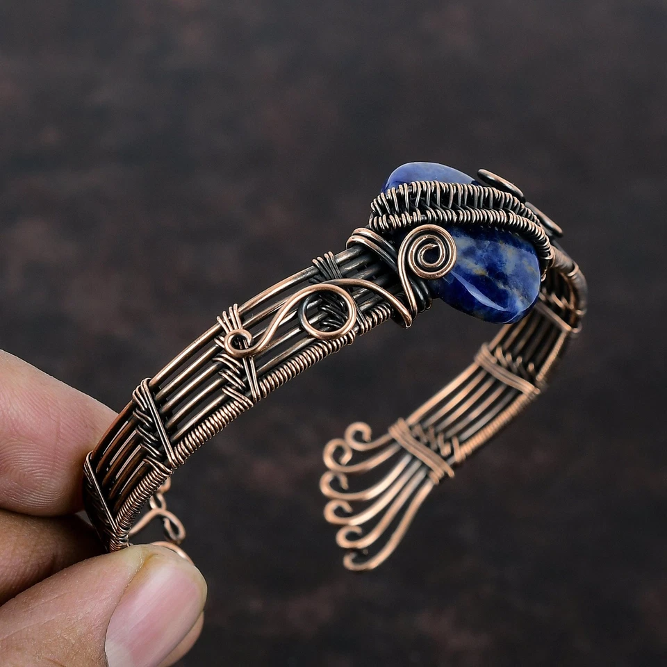 Brazalete ajustable envuelto en alambre de piedras preciosas de sodalita joyería de cobre para niñas Foto 4 de 4