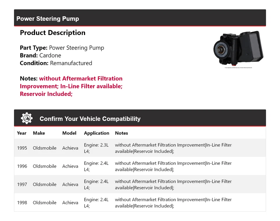 Bomba de dirección asistida Cardone 1996 1997 Oldsmobile Achieva 1995-1998 Foto 2 de 4